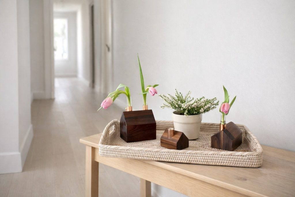 Barn, farmhouse and classic hauskaa candlestick holder on a white wicker tray with a potted heather plant