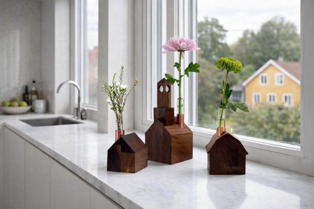 Church, gambrel and farmhouse in the window of a modern white kitchen with flowwers in the chimneys