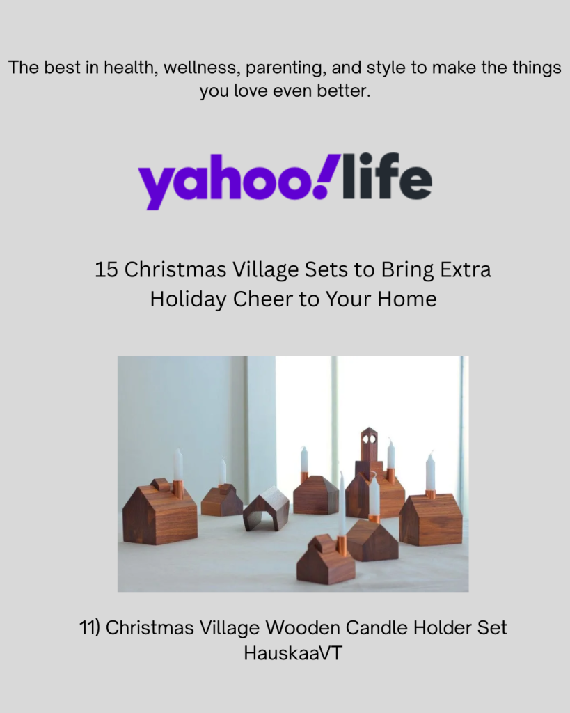 Turkel feature highlighting Hauskaa. The image includes the Turkel logo and the text: ‘Design We Like: Etsy Finds for the Holidays. For the holiday decor collector.’ Beneath the photo is the caption: ‘With gift-giving season almost upon us, we offer up here six of our favorite Etsy storefronts.’ The background shows Hauskaa wooden holiday décor including carved trees and a wooden house candle holder.