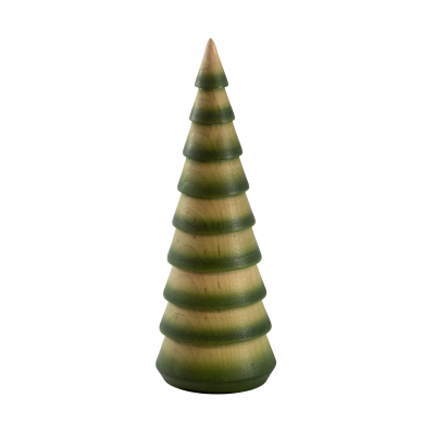 A tiny green fringed wooden fir tree.
